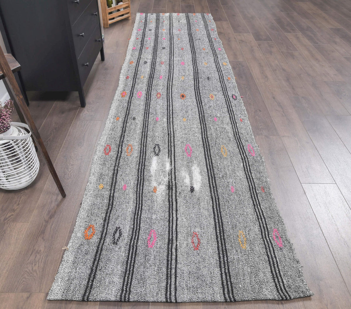 El yapımı vintage yolluk 94x376 cm çizgili desenli yün - yakın çekim doku detayı
