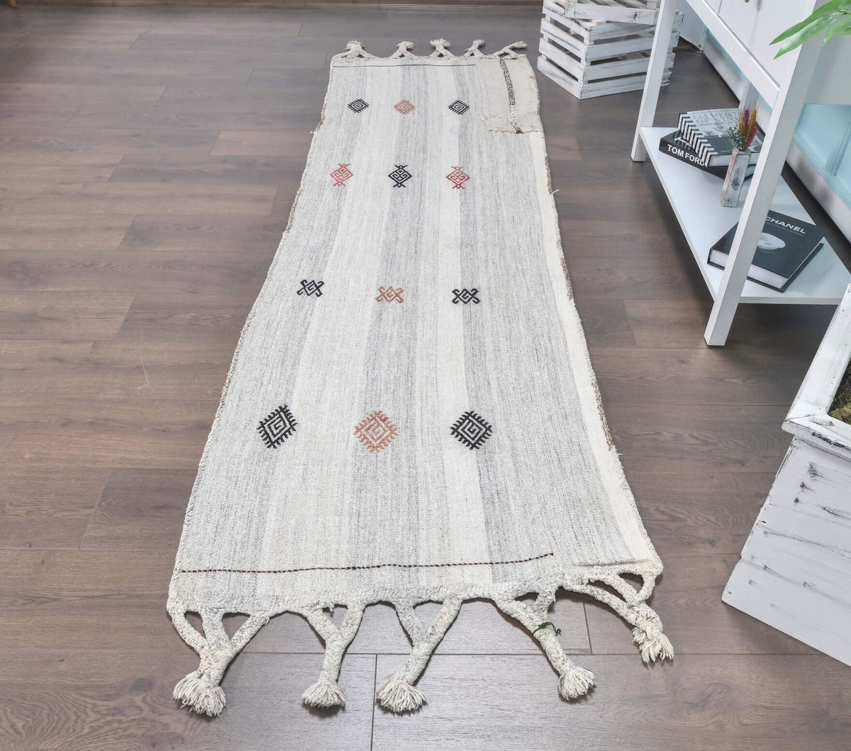 El yapımı vintage yolluk 79x249 cm düz desenli yün - detay görünümü