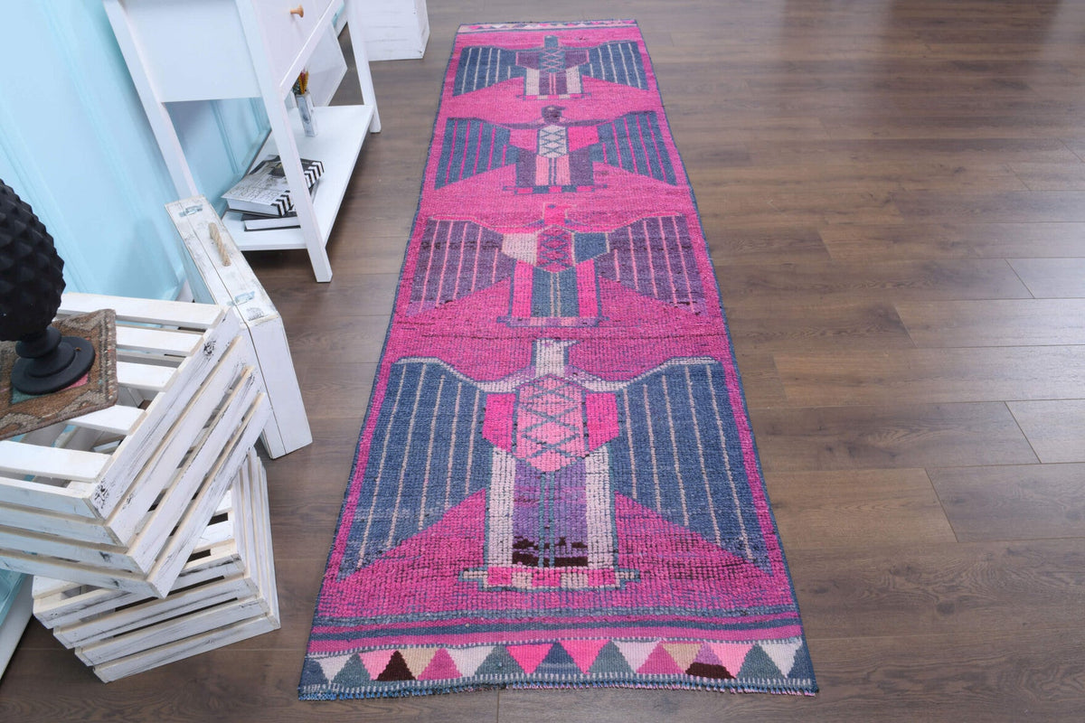 El yapımı vintage yolluk 94x333 cm mısır desenli desenli yün - yakın çekim doku detayı