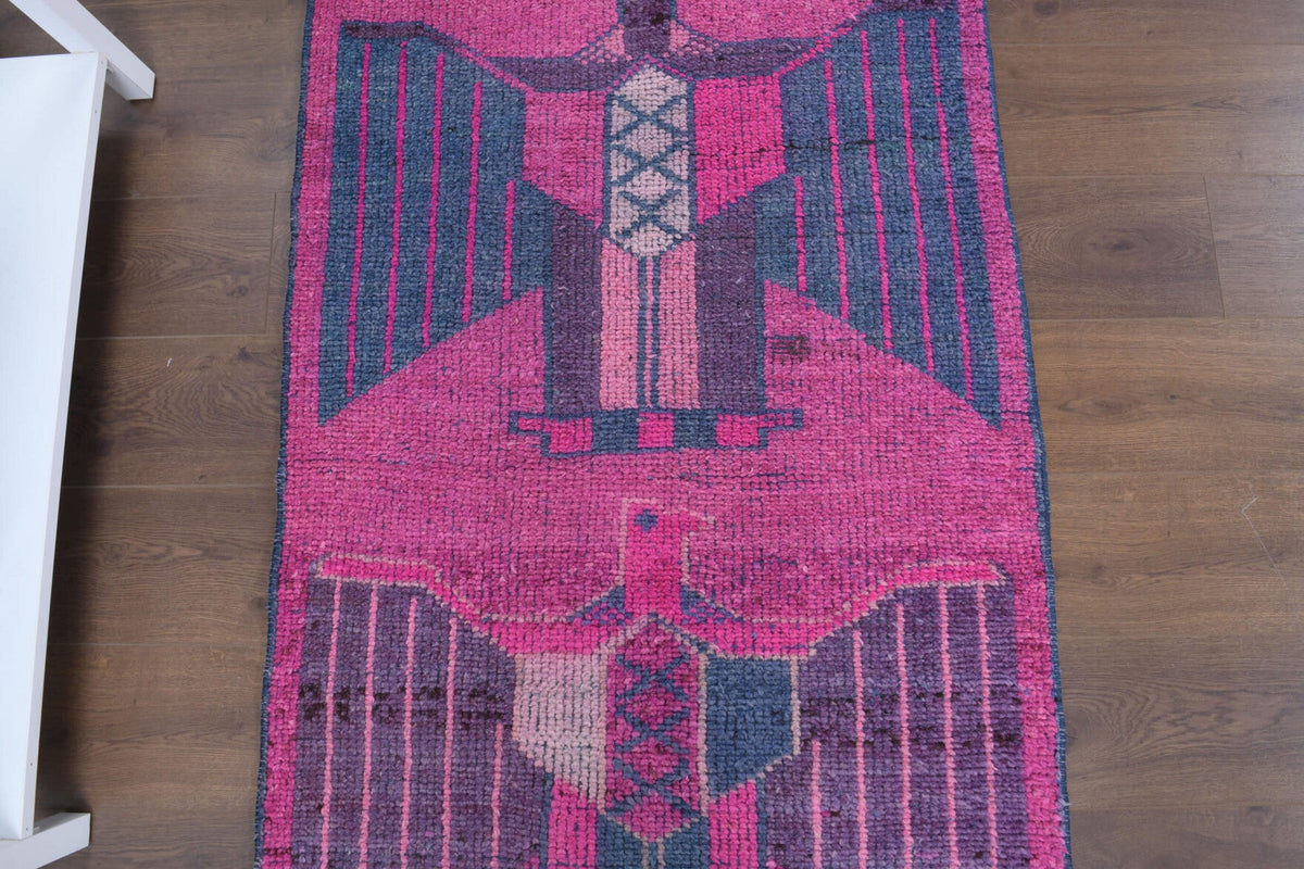 El yapımı vintage yolluk 94x333 cm mısır desenli desenli yün - kenar ve saçak detayı
