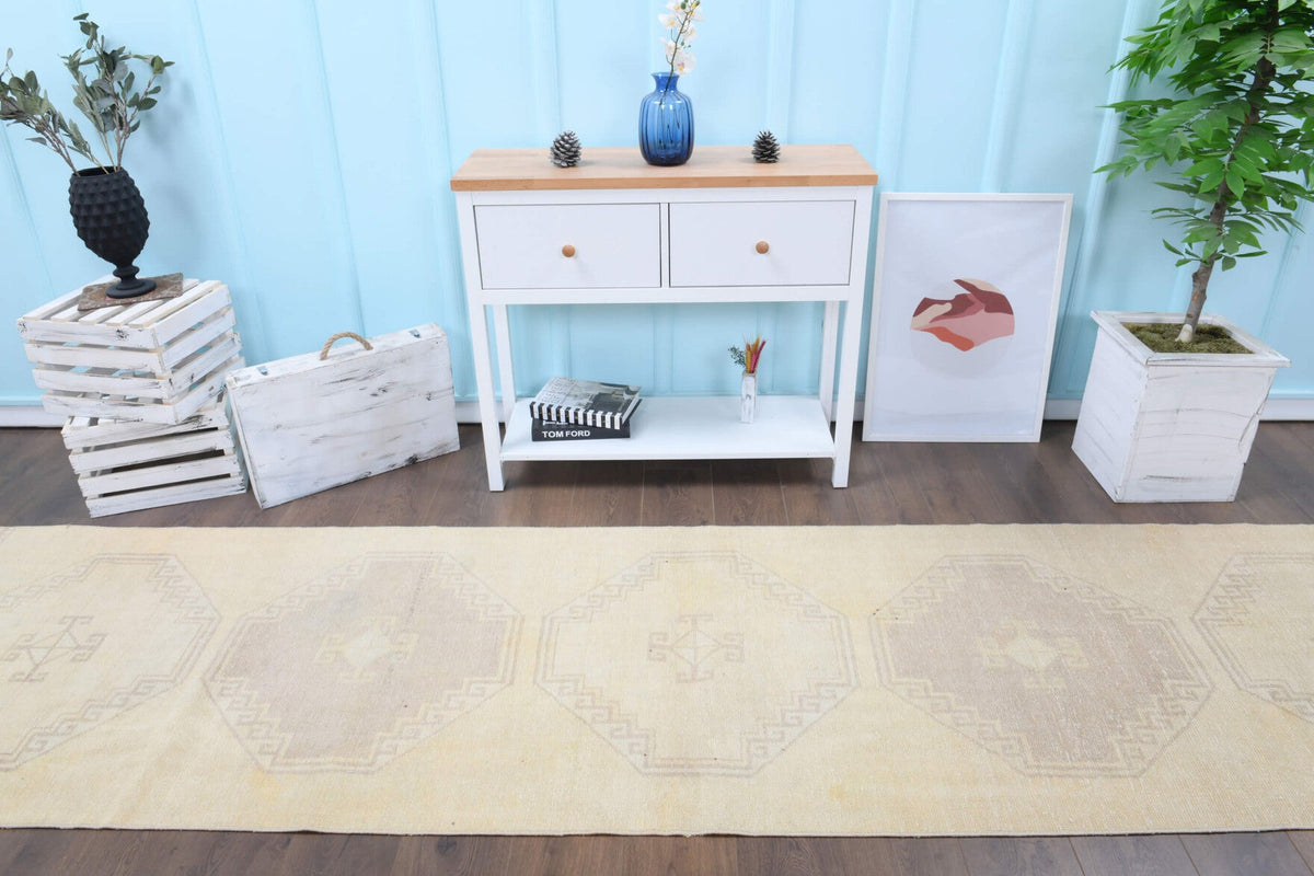 El yapımı vintage yolluk 91x381 cm geometrik desenli yün - detay görünümü