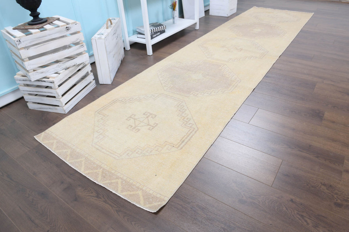 El yapımı vintage yolluk 91x381 cm geometrik desenli yün - kenar ve saçak detayı