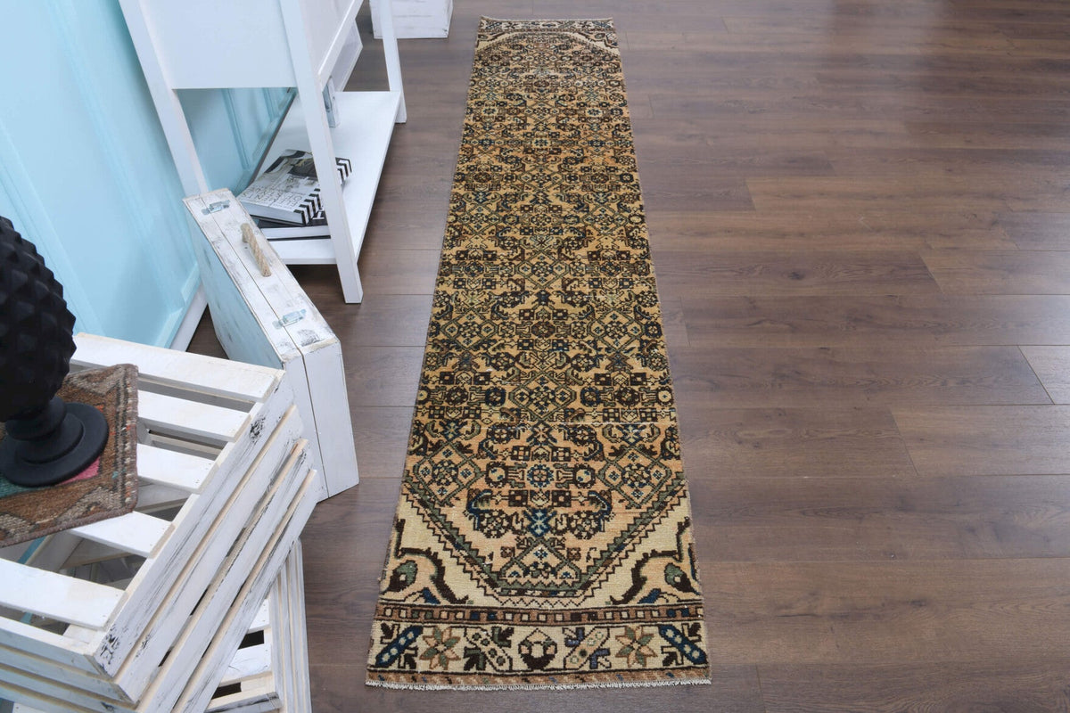 El yapımı vintage yolluk 58x284 cm oryantal desenli yün - yakın çekim doku detayı