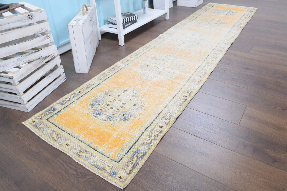El yapımı vintage yolluk 76x323 cm oryantal desenli yün - kenar ve saçak detayı