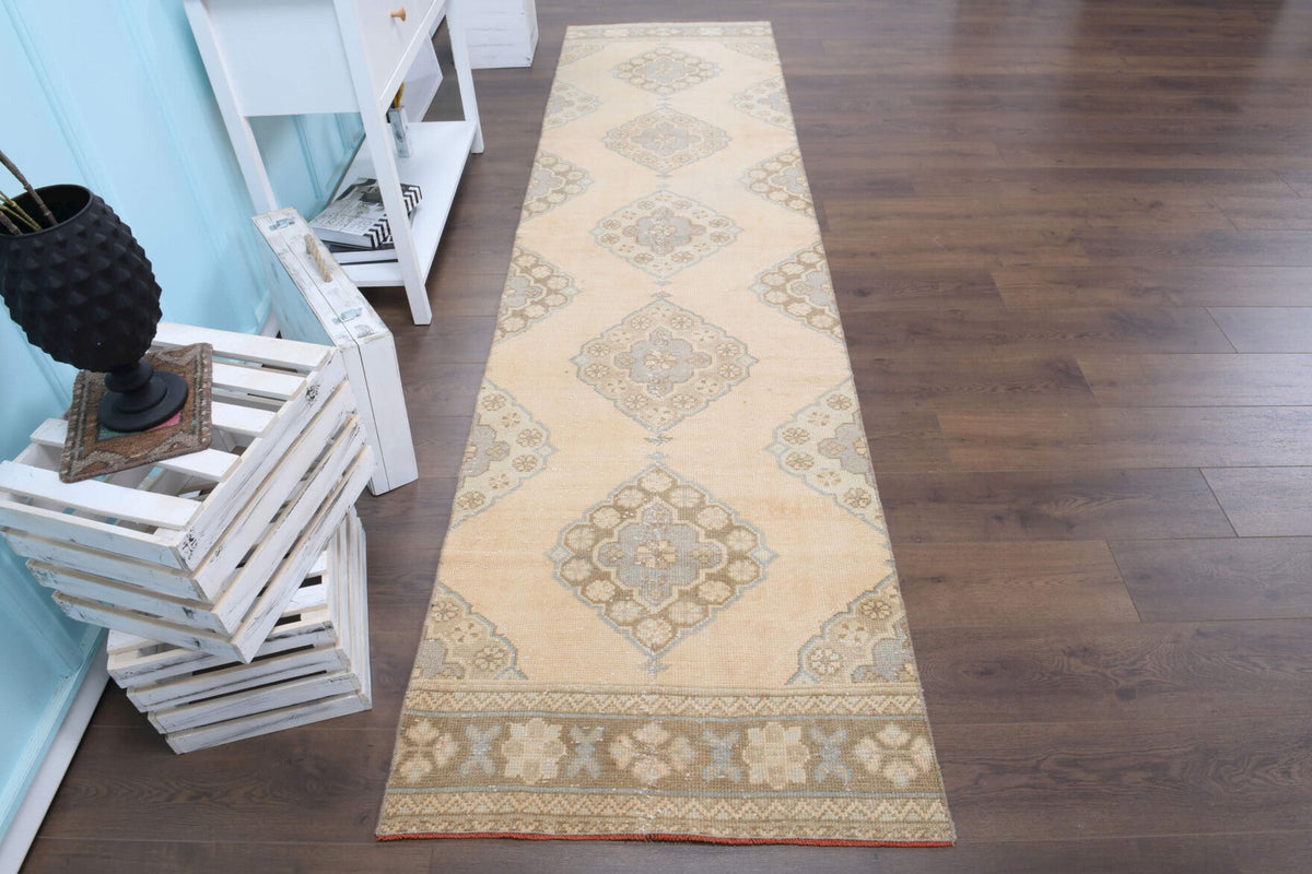 El yapımı vintage yolluk 89x345 cm oryantal desenli yün - yakın çekim doku detayı