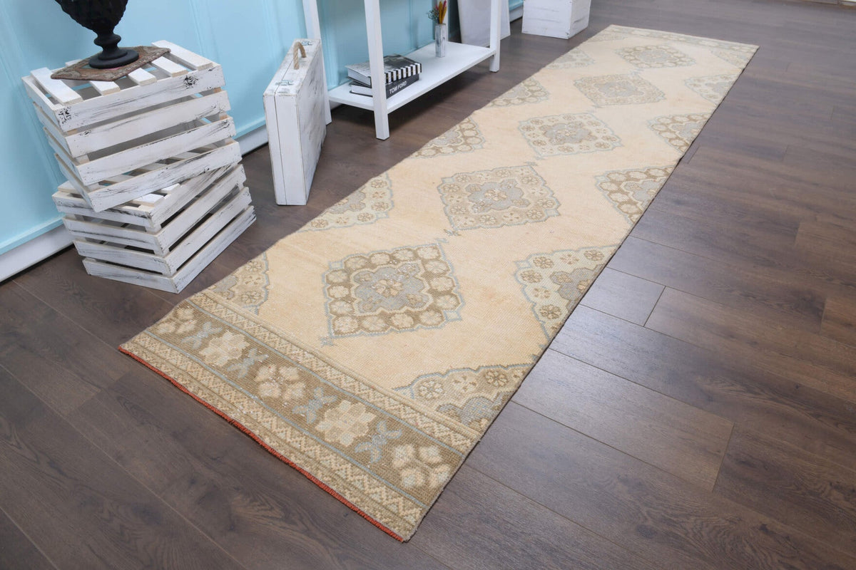 El yapımı vintage yolluk 89x345 cm oryantal desenli yün - kenar ve saçak detayı