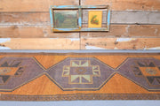 1970'lerden Anadolu kökenli geometrik desenli el dokuma vintage yolluk, 111x385 cm