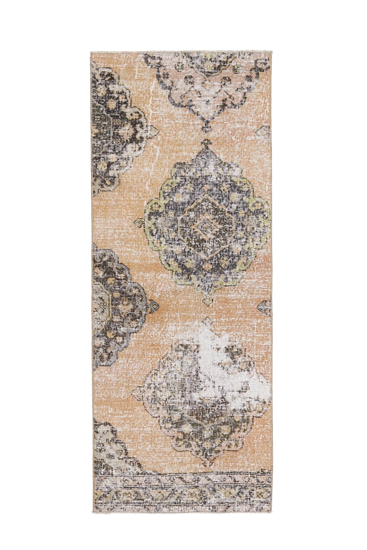El yapımı vintage yolluk 74x185 cm oryantal desenli yün - ışık altında renk detayı