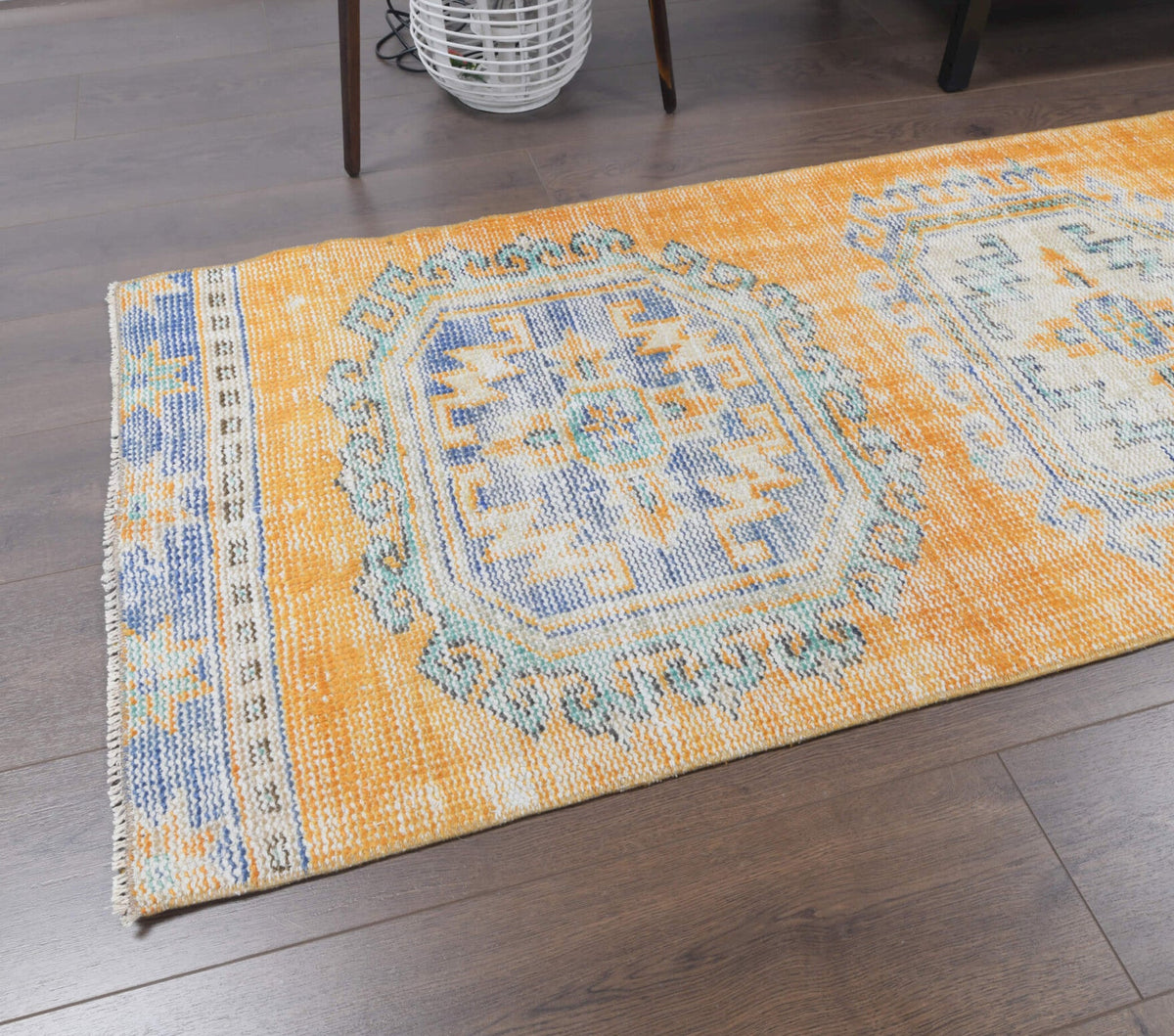 El yapımı vintage yolluk 76x320 cm oryantal desenli yün - kenar ve saçak detayı