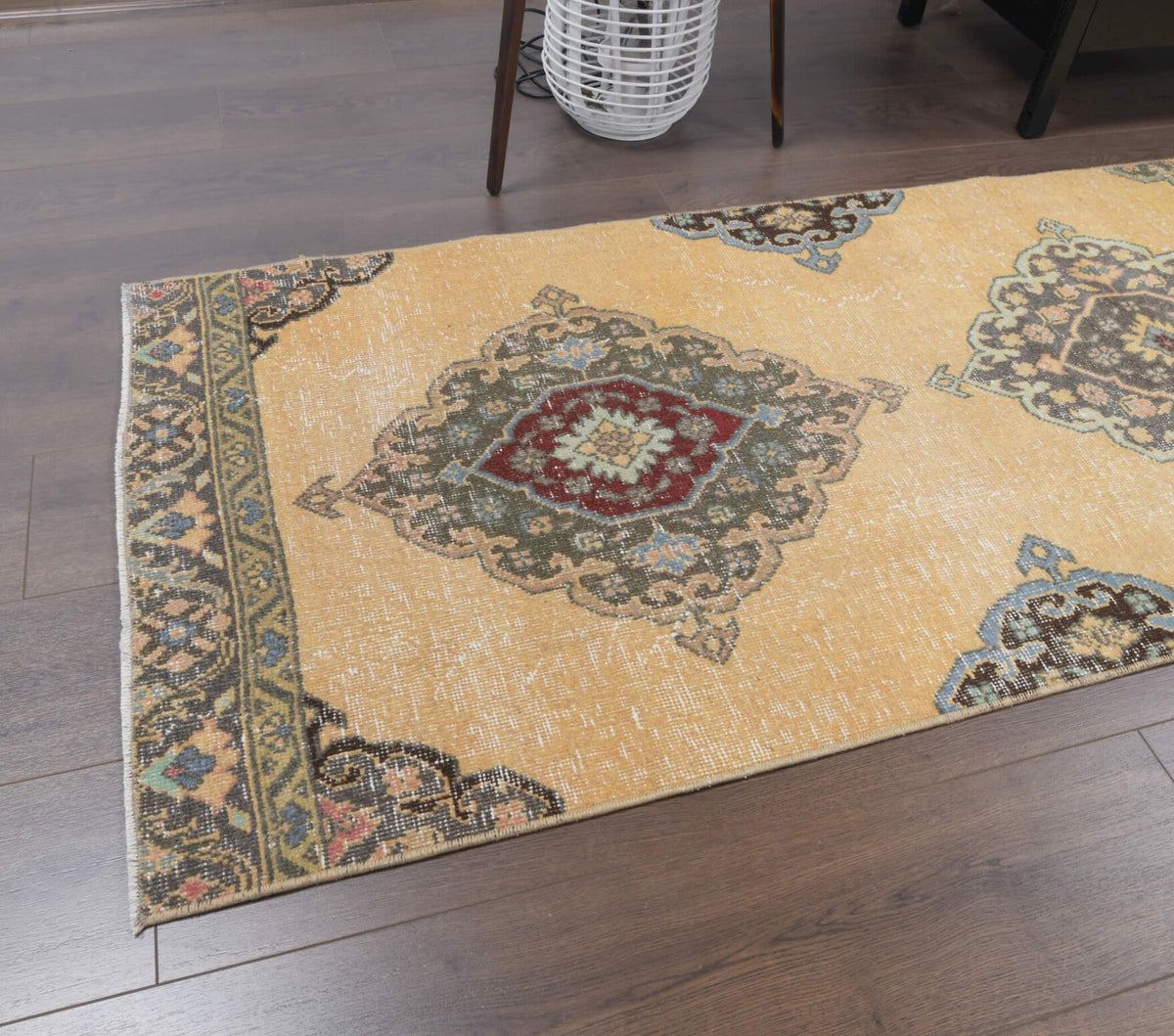 El yapımı vintage yolluk 79x391 cm oryantal desenli yün - kenar ve saçak detayı