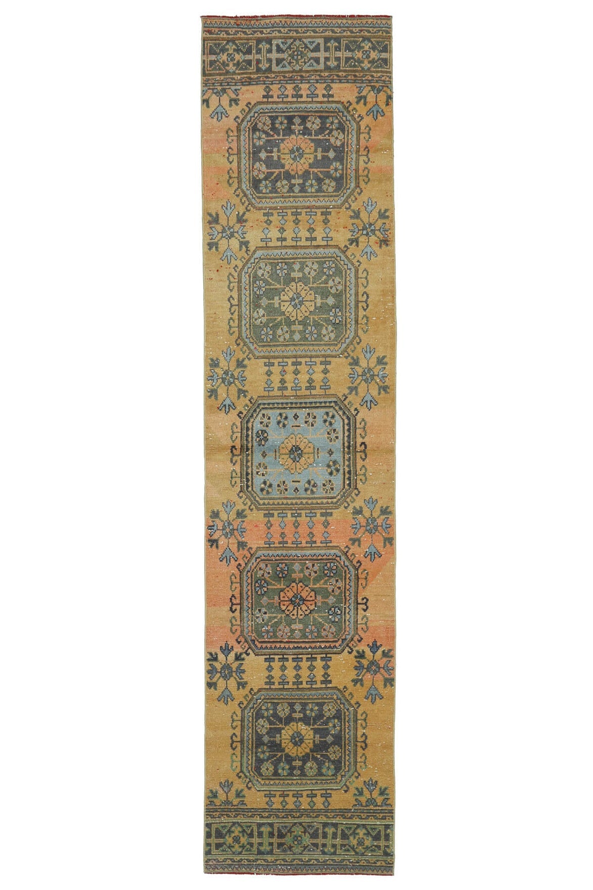 El yapımı vintage yolluk 79x351 cm çiçek desenli desenli yün - farklı açıdan görünüm