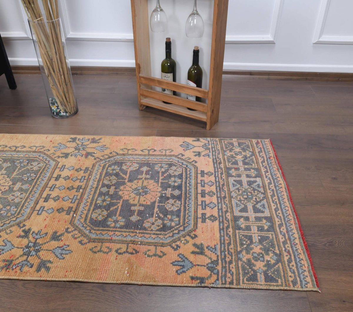 El yapımı vintage yolluk 79x351 cm çiçek desenli desenli yün - üstten görünüm