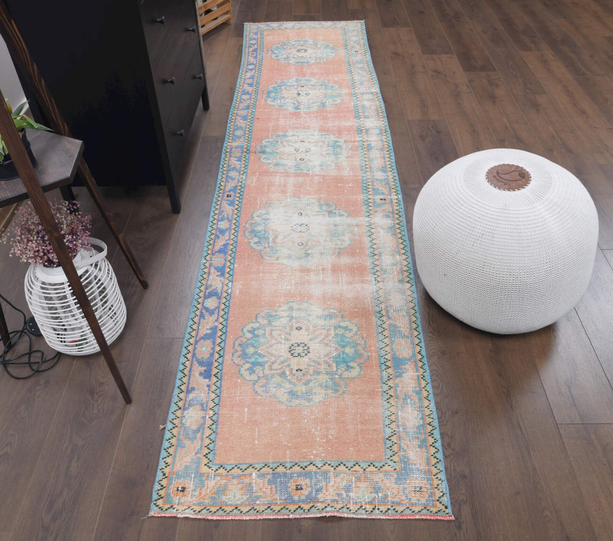 El yapımı vintage yolluk 79x320 cm oryantal desenli yün - yakın çekim doku detayı