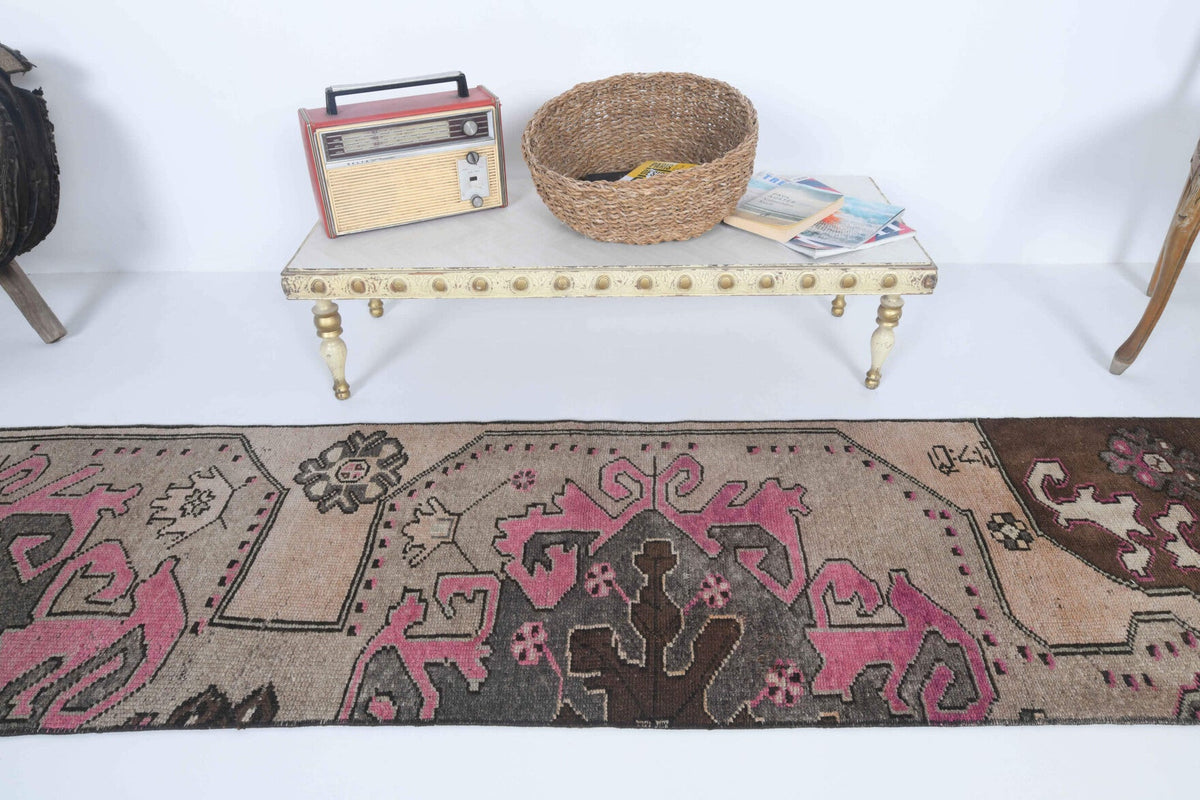 El yapımı vintage yolluk 61x234 cm oryantal desenli yün - kenar ve saçak detayı