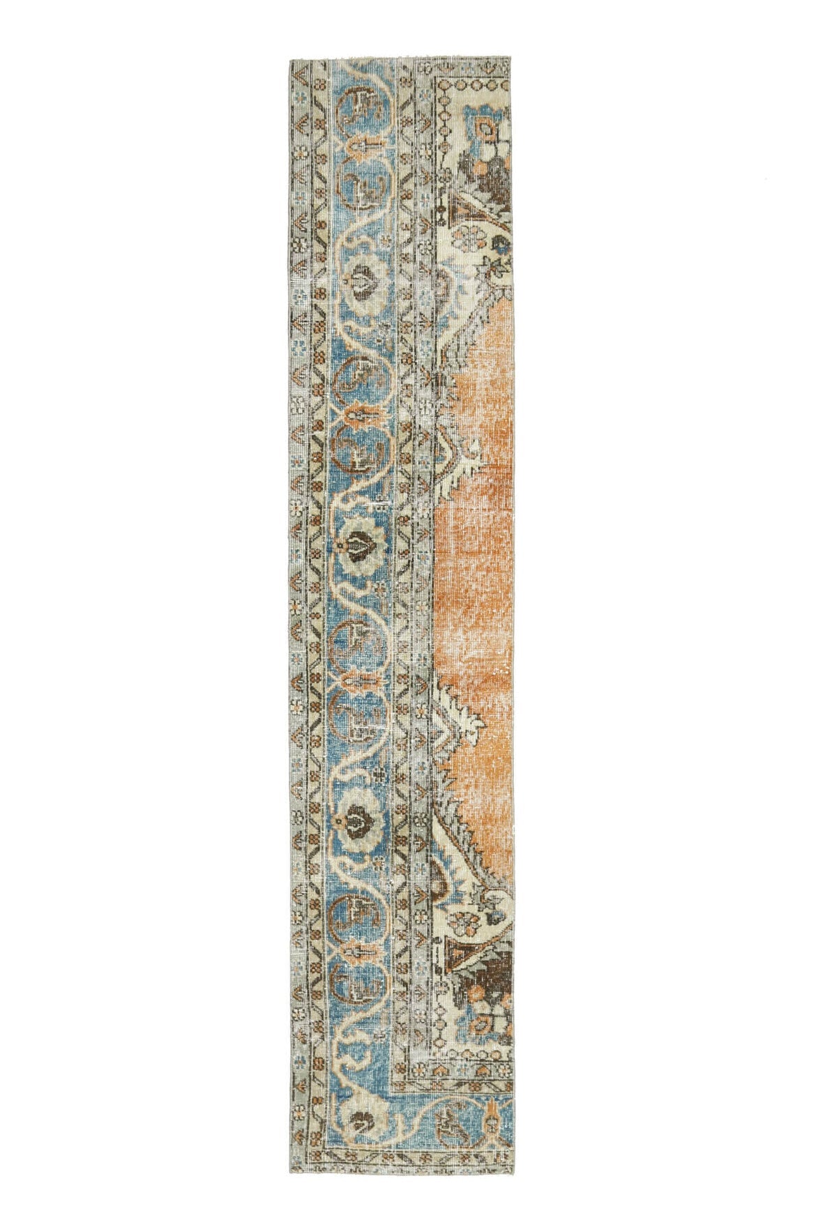 El yapımı vintage yolluk 56x279 cm oryantal desenli yün - ışık altında renk detayı