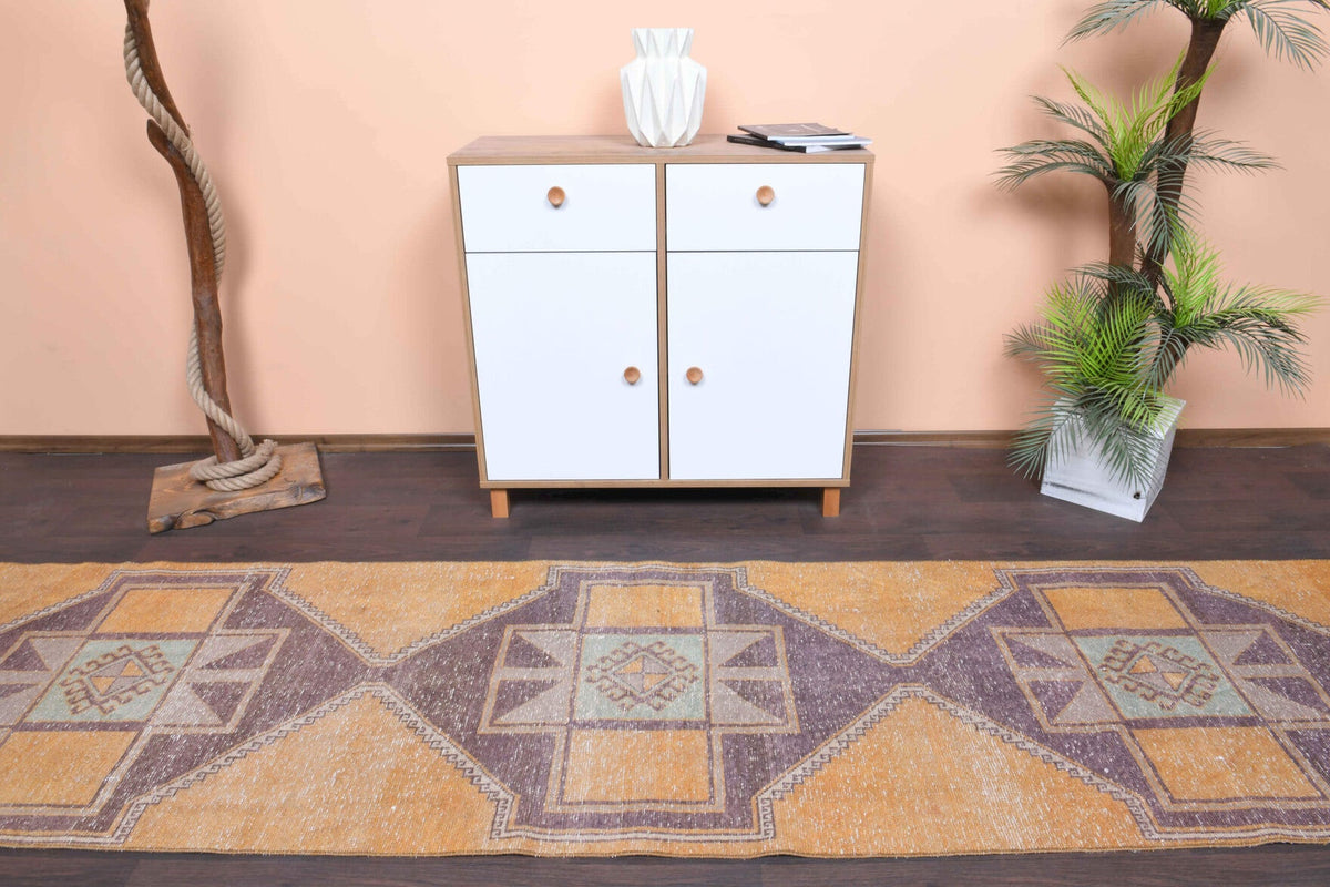 El yapımı vintage yolluk 94x376 cm geometrik desenli yün - detay görünümü