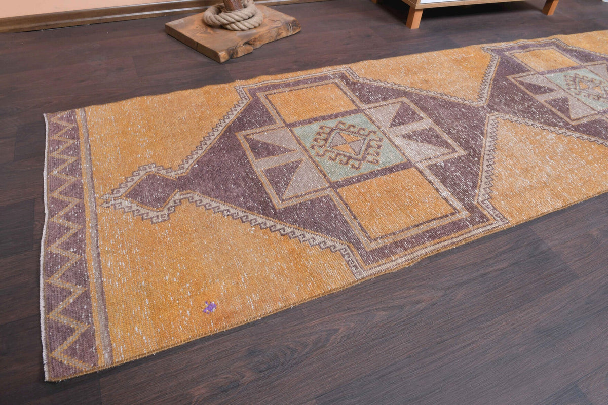 El yapımı vintage yolluk 94x376 cm geometrik desenli yün - kenar ve saçak detayı
