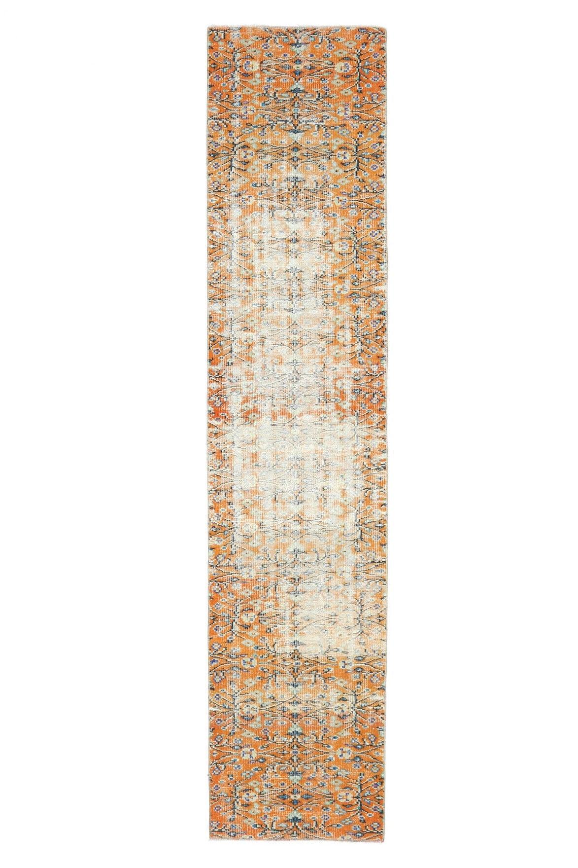 El yapımı vintage yolluk 66x310 cm çiçek desenli desenli yün - ışık altında renk detayı