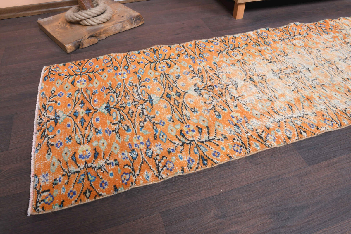 El yapımı vintage yolluk 66x310 cm çiçek desenli desenli yün - kenar ve saçak detayı