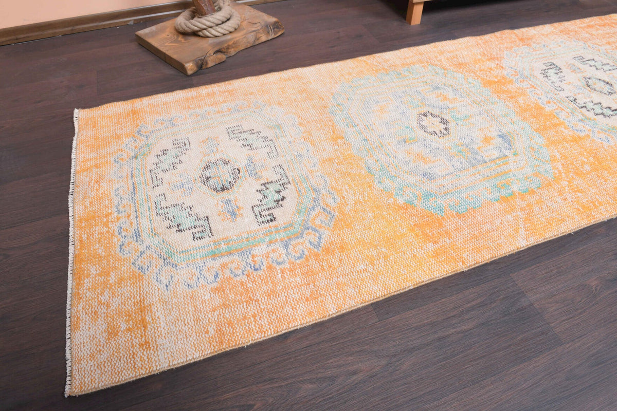 El yapımı vintage yolluk 89x320 cm oryantal desenli yün - kenar ve saçak detayı