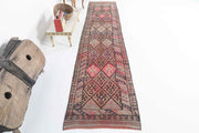 1960'lardan Anadolu kökenli geometrik desenli el dokuma vintage yolluk, 78x376 cm
