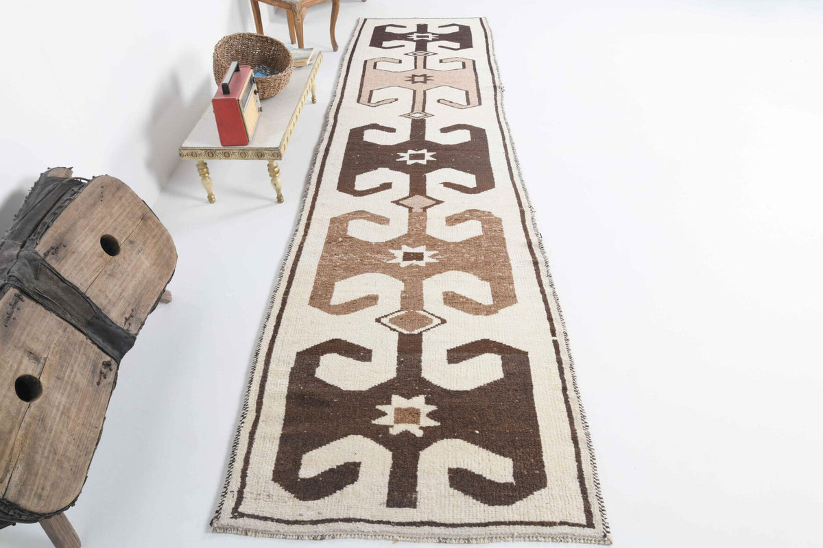 El yapımı vintage yolluk 97x391 cm tribal desenli yün - detay görünümü