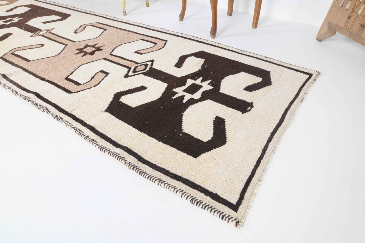 El yapımı vintage yolluk 97x391 cm tribal desenli yün - kenar ve saçak detayı
