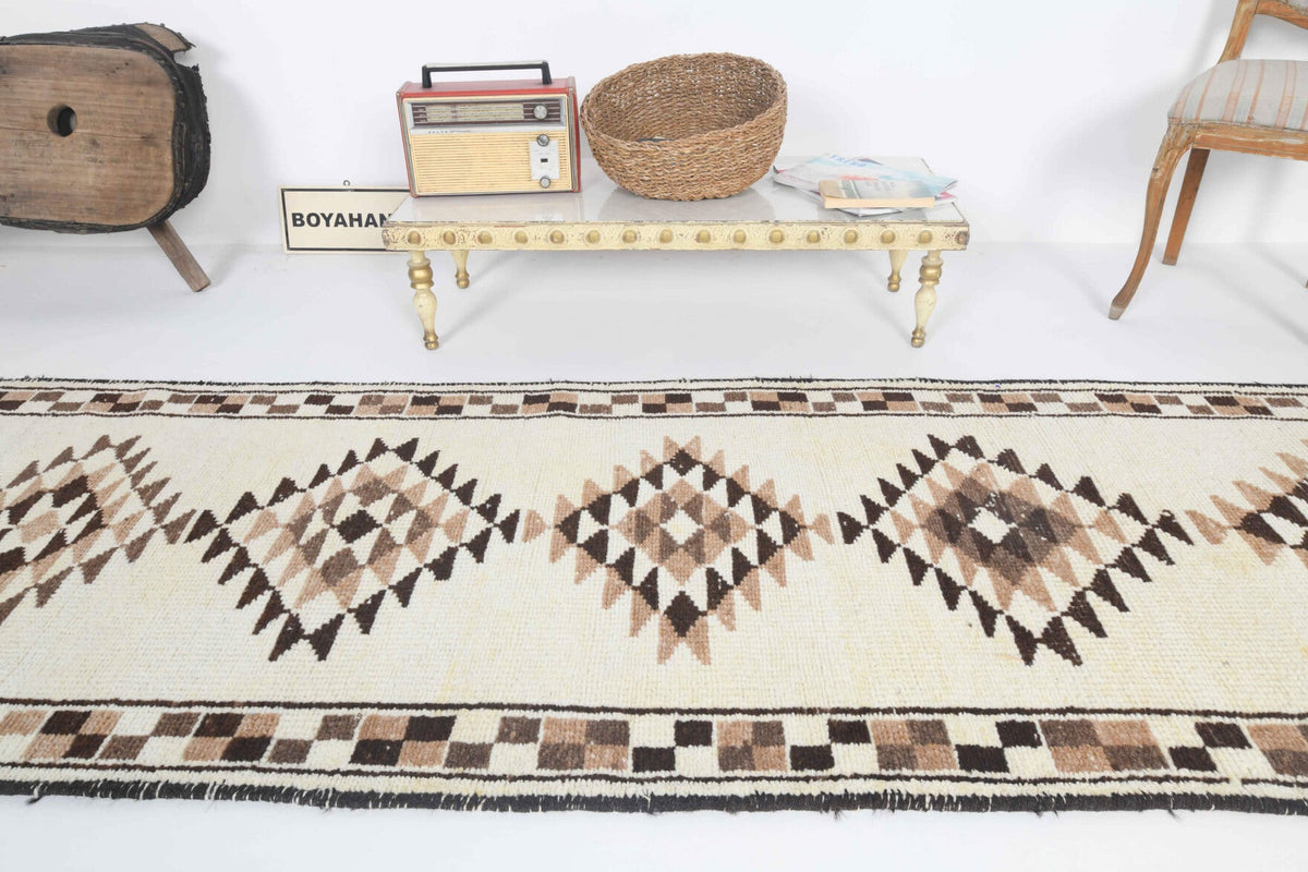 El yapımı vintage yolluk 91x338 cm oryantal desenli yün - kenar ve saçak detayı