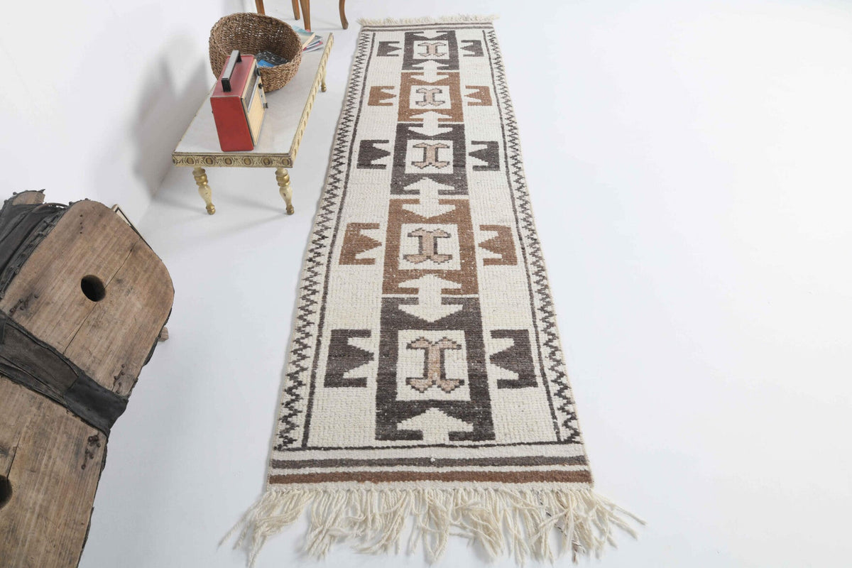 El yapımı vintage yolluk 81x300 cm i̇kat desenli yün - detay görünümü