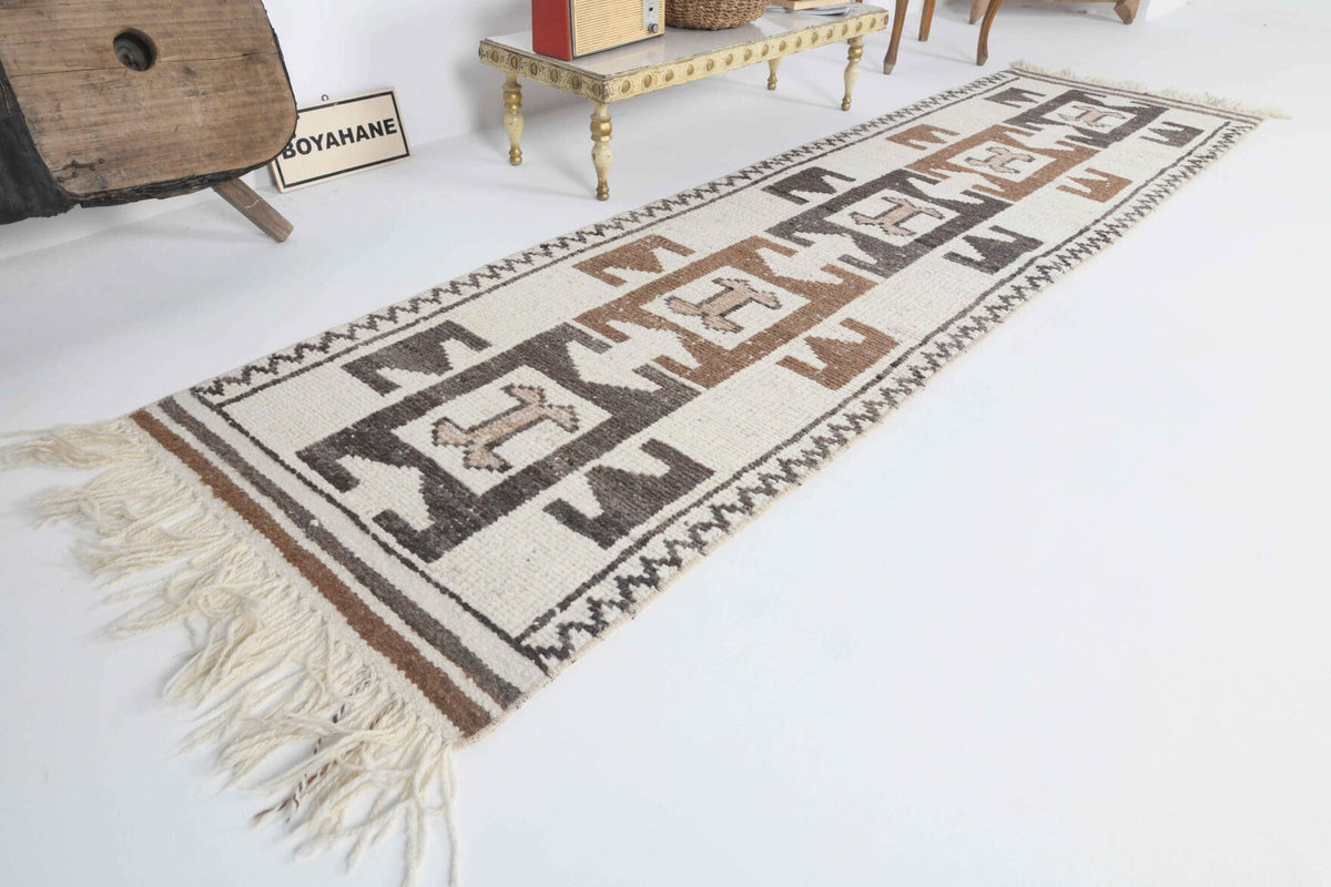 El yapımı vintage yolluk 81x300 cm i̇kat desenli yün - yakın çekim doku detayı