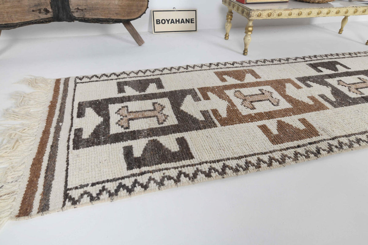 El yapımı vintage yolluk 81x300 cm i̇kat desenli yün - kenar ve saçak detayı