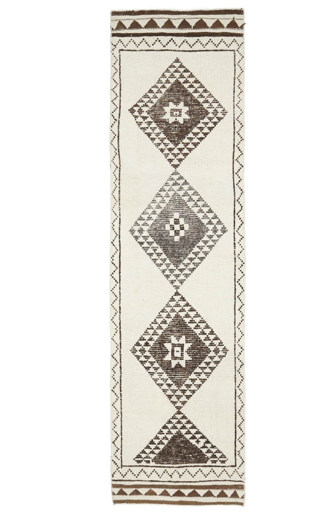 El yapımı vintage yolluk 91x345 cm geometrik desenli yün - üstten görünüm