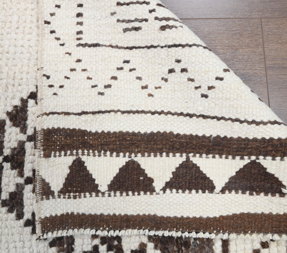 El yapımı vintage yolluk 91x345 cm geometrik desenli yün - kenar ve saçak detayı