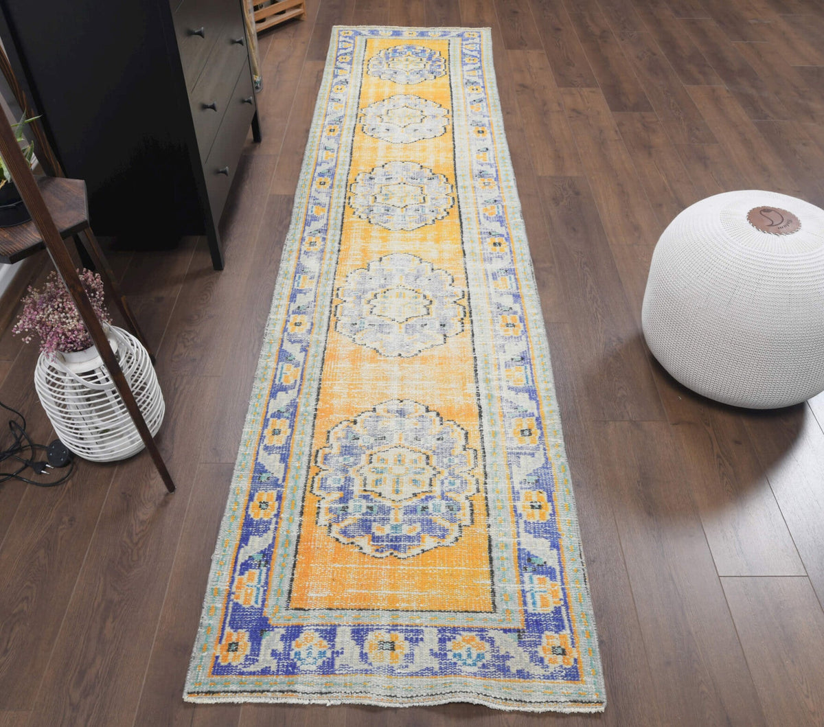 El yapımı vintage yolluk 79x338 cm oryantal desenli yün - yakın çekim doku detayı