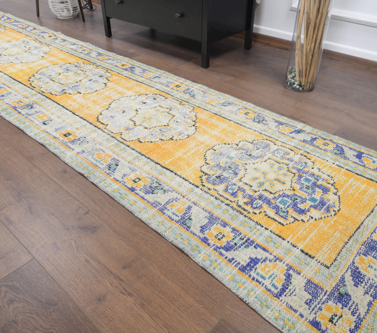 El yapımı vintage yolluk 79x338 cm oryantal desenli yün - üstten görünüm