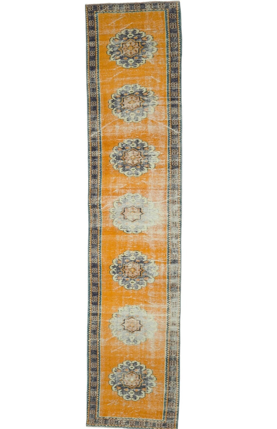 El yapımı vintage yolluk 74x351 cm oryantal desenli yün - üstten görünüm