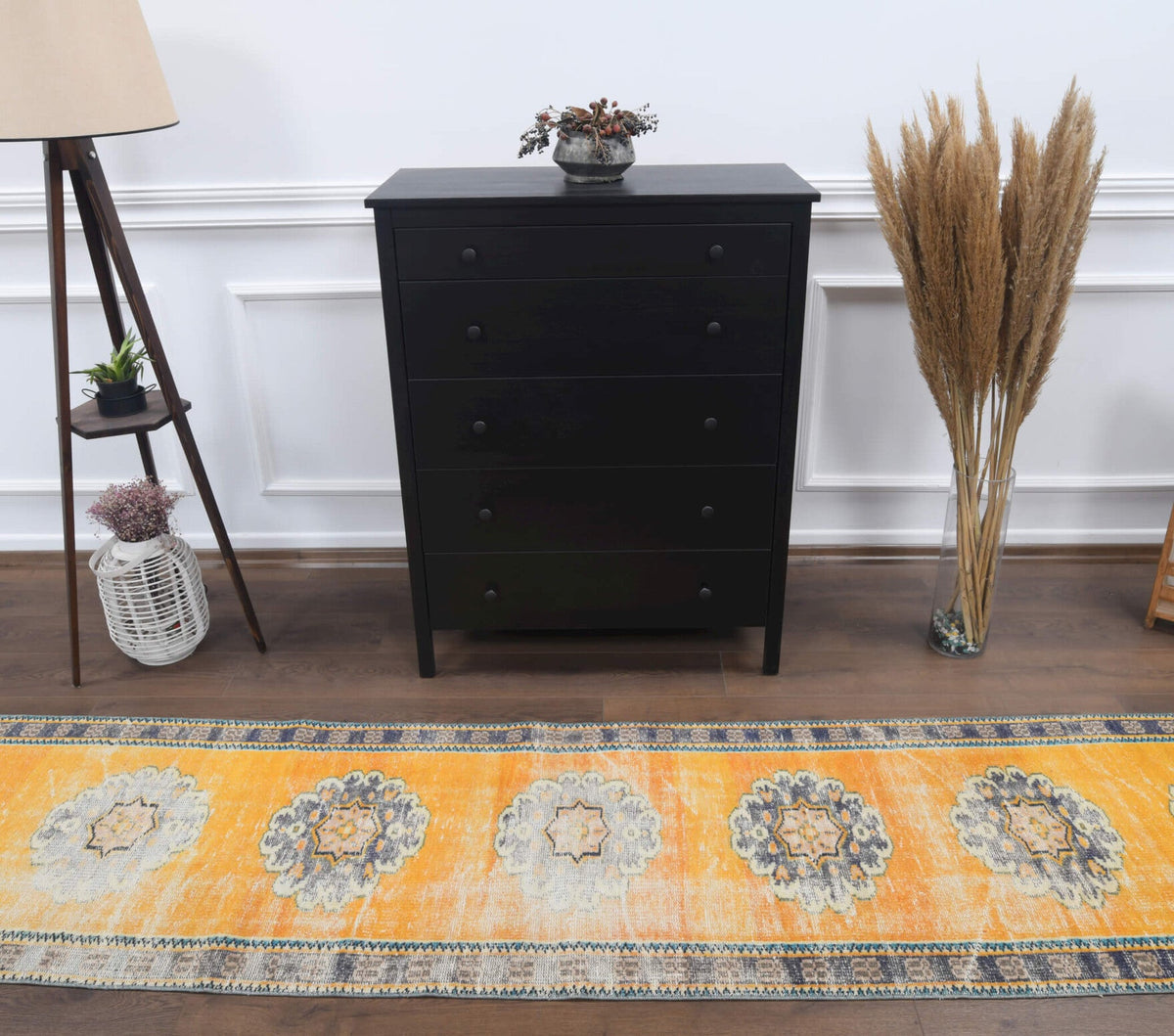 El yapımı vintage yolluk 74x351 cm oryantal desenli yün - detay görünümü