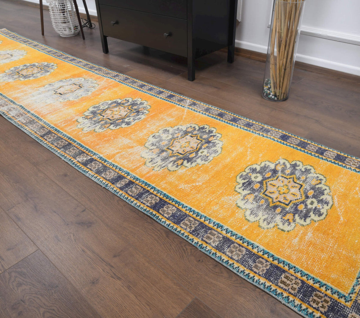 El yapımı vintage yolluk 74x351 cm oryantal desenli yün - desen detayı