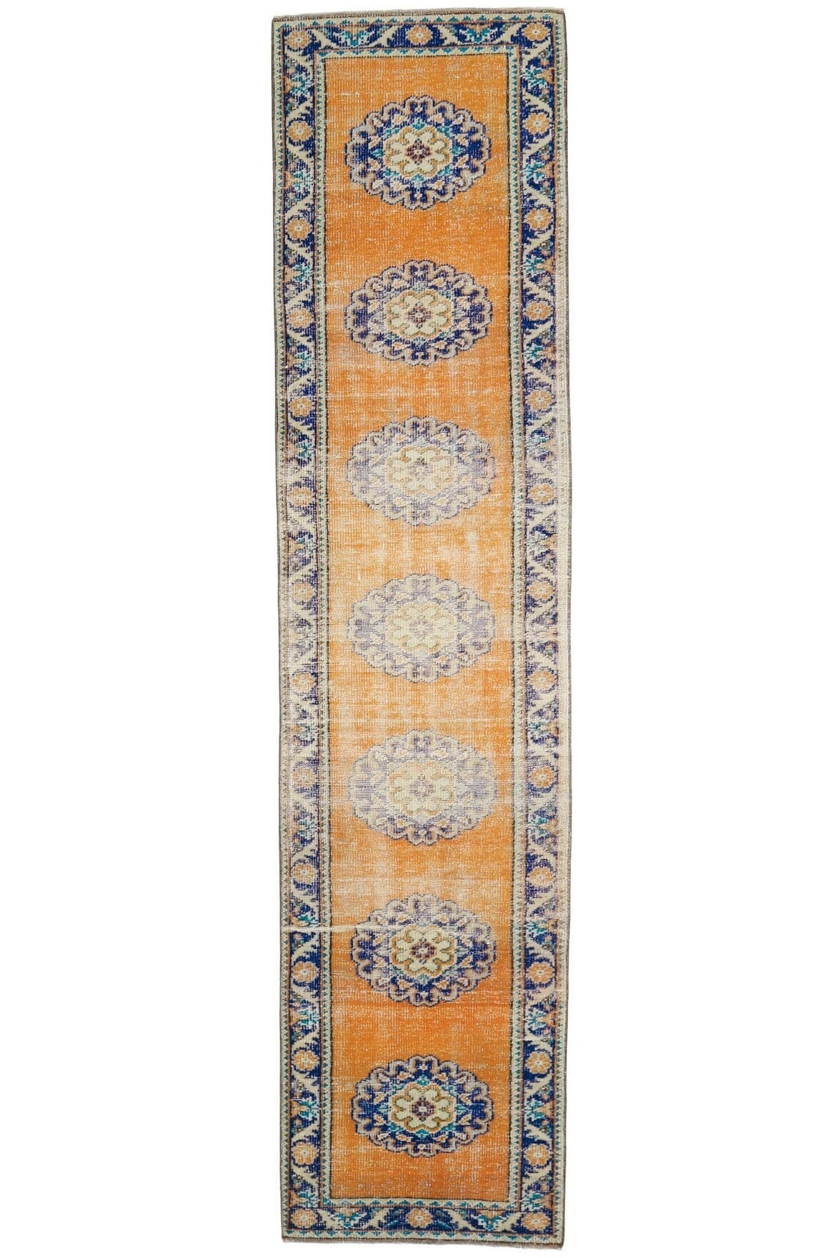 El yapımı vintage yolluk 74x325 cm oryantal desenli yün - üstten görünüm
