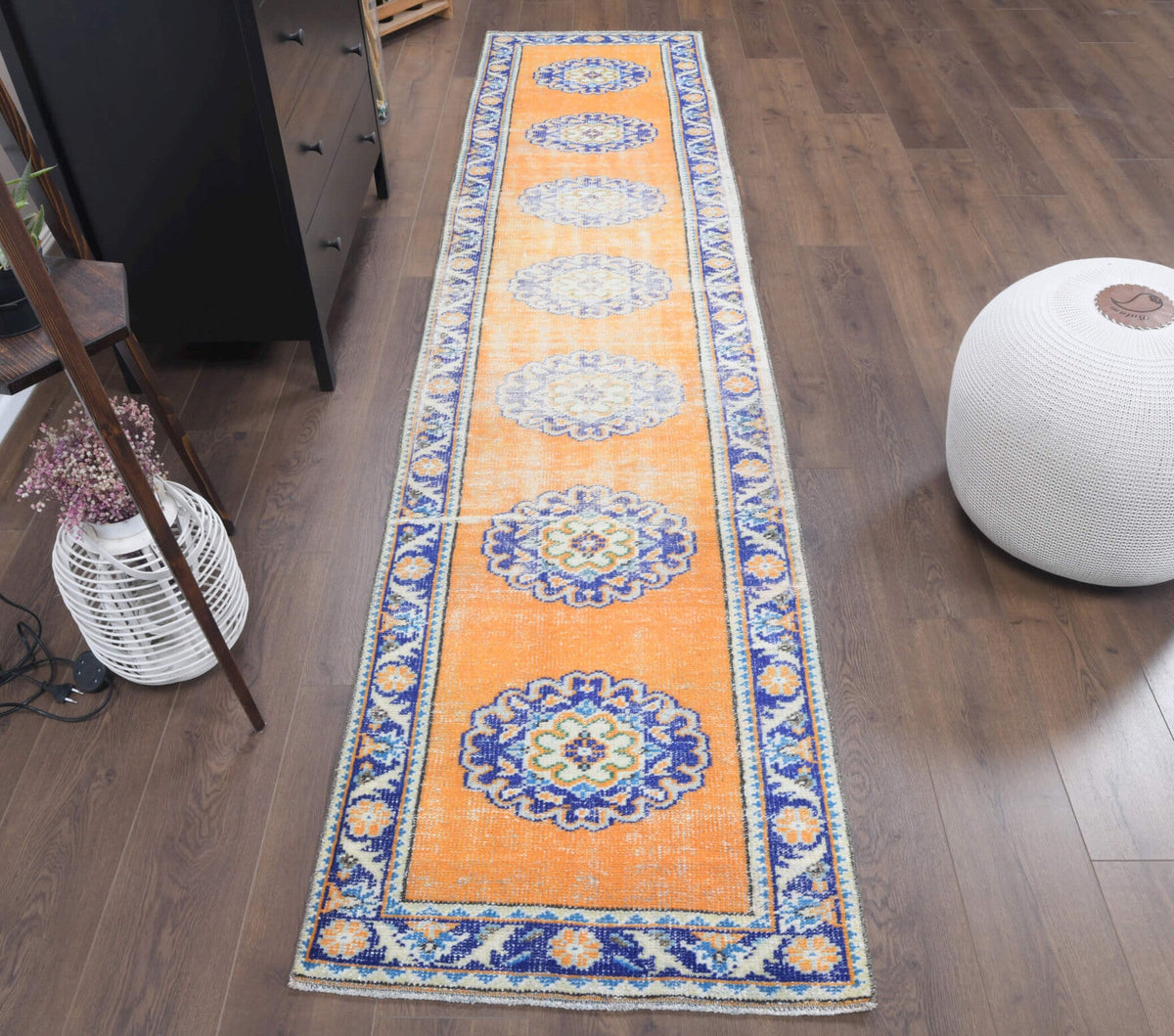 El yapımı vintage yolluk 74x325 cm oryantal desenli yün - yakın çekim doku detayı