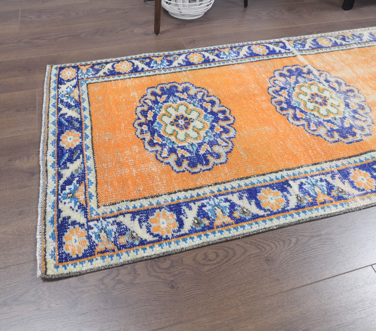 El yapımı vintage yolluk 74x325 cm oryantal desenli yün - kenar ve saçak detayı