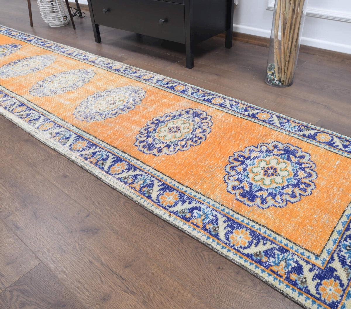 El yapımı vintage yolluk 74x325 cm oryantal desenli yün - desen detayı