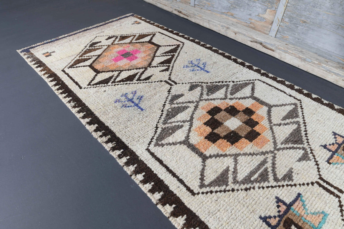 El yapımı vintage yolluk 81x363 cm oryantal desenli yün - kenar ve saçak detayı