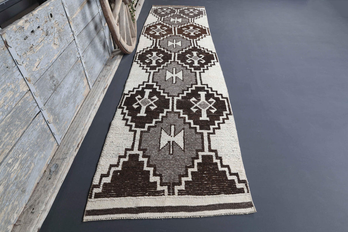 Vintage White Ikat Oushak Runner Rug