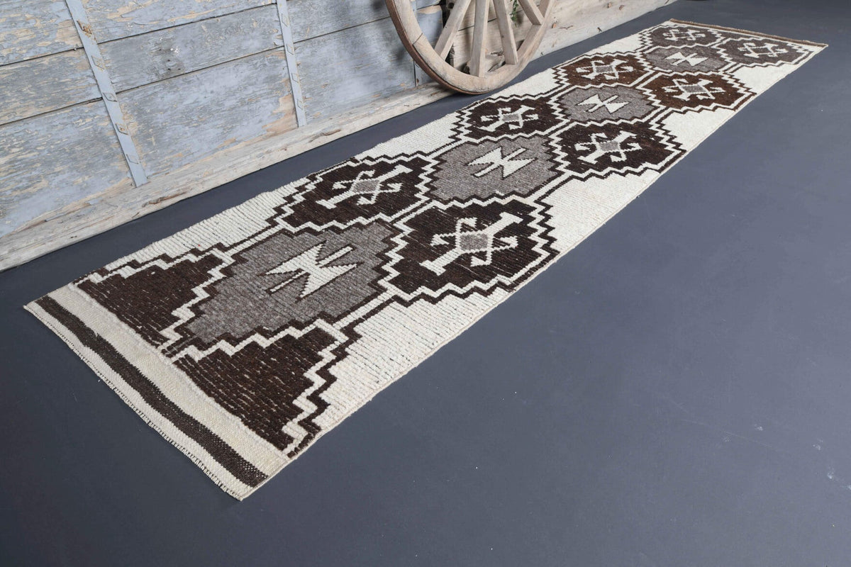 Vintage White Ikat Oushak Runner Rug
