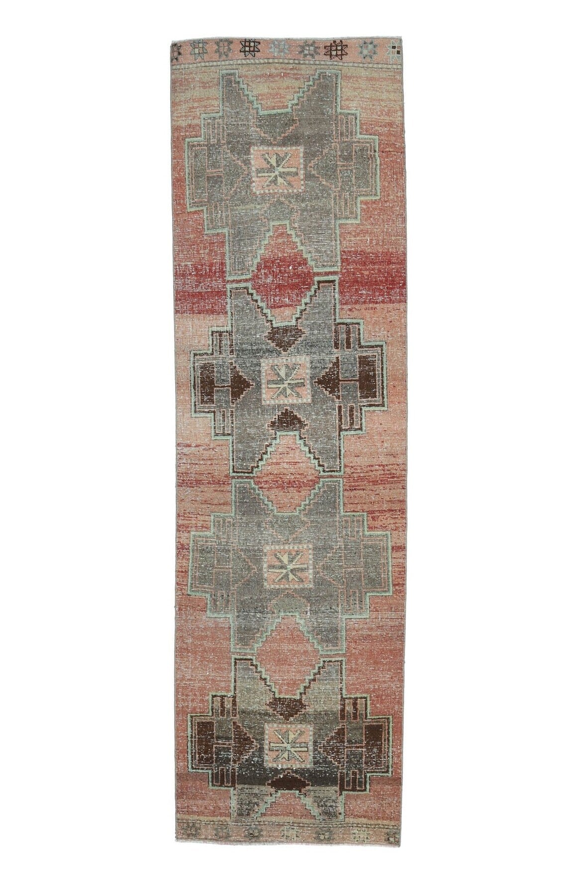 El yapımı vintage yolluk 91x318 cm geometrik desenli yün - açık alan görünümü