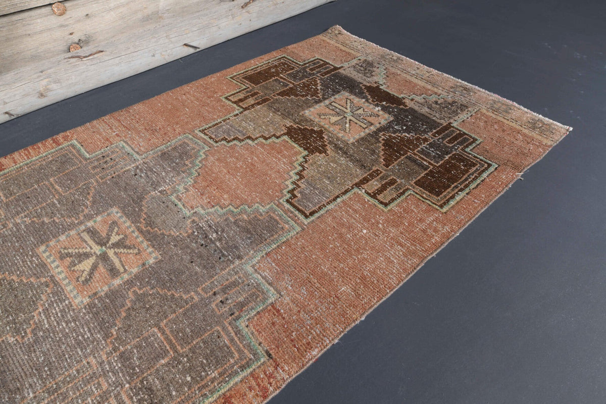 El yapımı vintage yolluk 91x318 cm geometrik desenli yün - kenar ve saçak detayı
