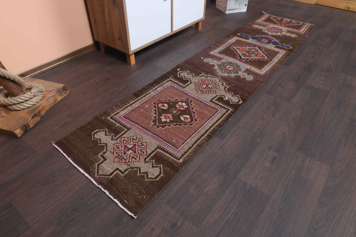 El yapımı vintage yolluk 61x259 cm oryantal desenli yün - yakın çekim doku detayı
