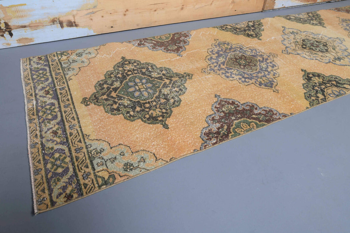 El yapımı vintage yolluk 94x371 cm oryantal desenli yün - kenar ve saçak detayı