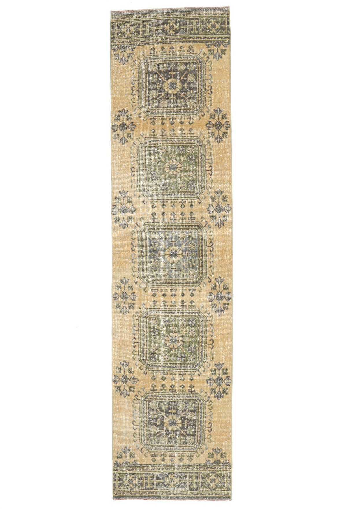 El yapımı vintage yolluk 81x345 cm çiçek desenli desenli yün - ışık altında renk detayı